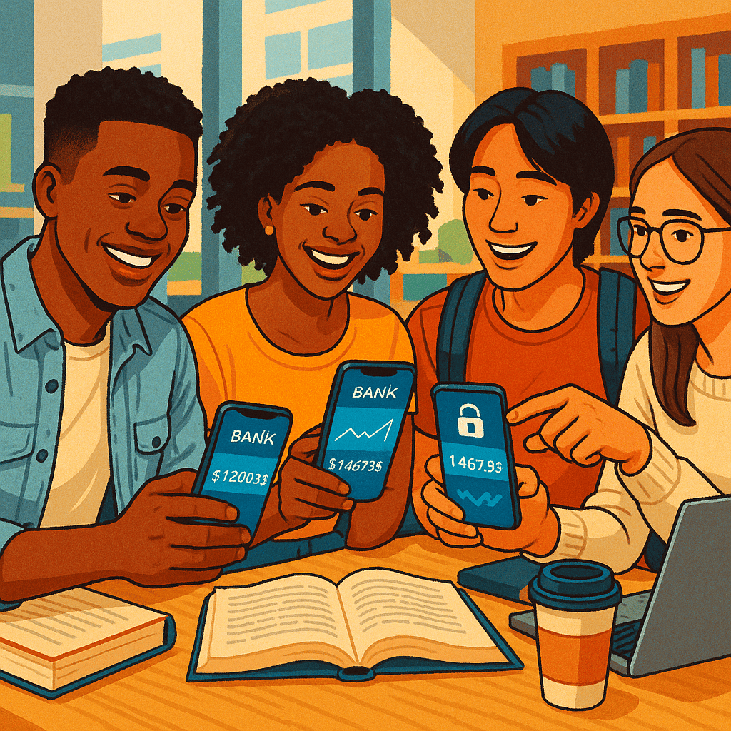 A vibrant, realistic image of a diverse group of college students engaged in a modern university common area. Two students are looking at a banking app on a smartphone, one is smiling while holding a credit card. Laptops, textbooks, and a coffee cup are on the table in front of them, suggesting an active study environment. The bright lighting and their engaged expressions convey confidence and ease with managing their finances through student banking accounts.