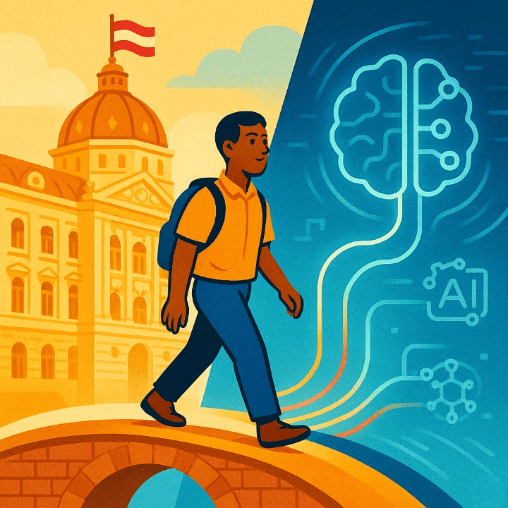 An illustration symbolizing Austria's role in bridging traditional finance and AI technology. A student walks on a bridge connecting a historic building with modern data streams, representing a FinTech education.