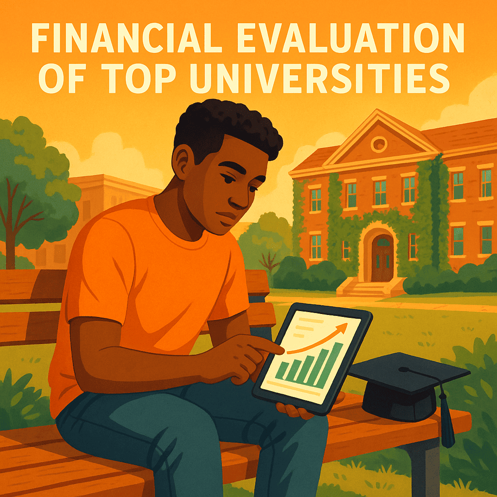 A thoughtful student sits on a bench on a beautiful university campus, analyzing a financial graph on a tablet. This image represents the process of evaluating the return on investment of attending one of the best universities, a key theme in our guide to making smart financial choices for higher education.