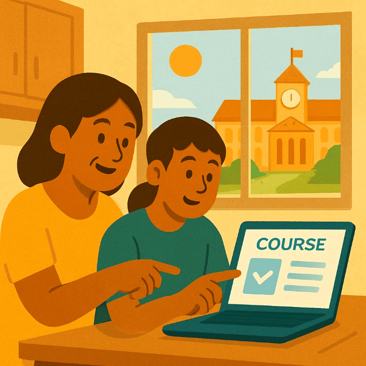 An illustration of a parent and their teen collaboratively looking at free online courses on a laptop to prepare for university. The image symbolizes proactive support and planning for student success.