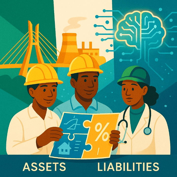 An illustration of Nigerian engineering students planning for the future, with a background of national infrastructure and technology. This represents studying engineering at Nigeria's top universities.