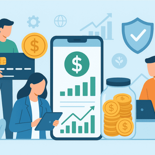Illustration of personal finance strategies showing savings jars, investment charts, credit cards, and digital banking tools symbolizing financial resilience.