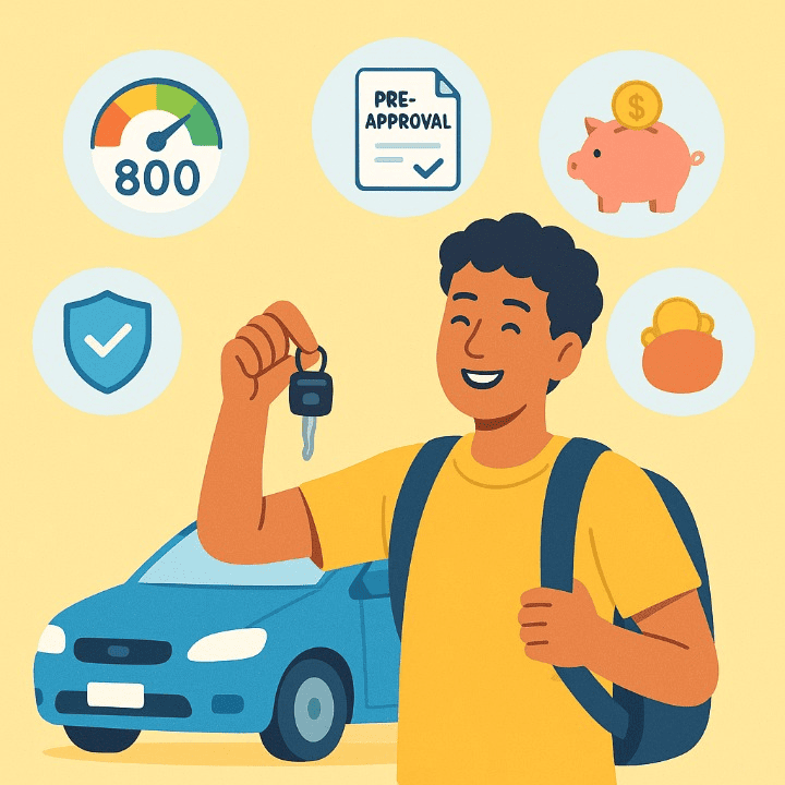 A square illustration of a student who has successfully financed their first car. The student is happy and surrounded by icons for credit, financing, and insurance, symbolizing a smart and well-planned purchase.