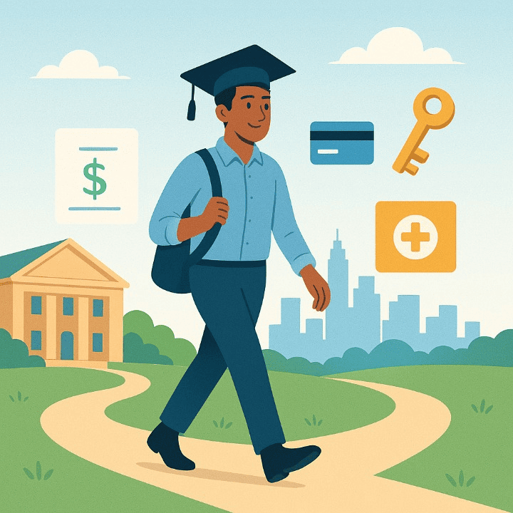 A square illustration of a new graduate transitioning from university to professional life. The graduate is on a new path with icons for a paycheck, credit card, and health insurance, symbolizing a successful start to their financial future.