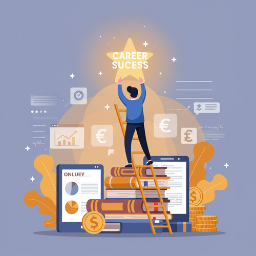 A cartoon illustration in flat design style showing a person climbing a ladder made of books and icons representing online courses, reaching for a shining star labeled "Career Success." The image, rendered in a limited palette of warm earth tones, soft blues, and muted oranges, visually represents how free online finance certifications can boost a finance career.