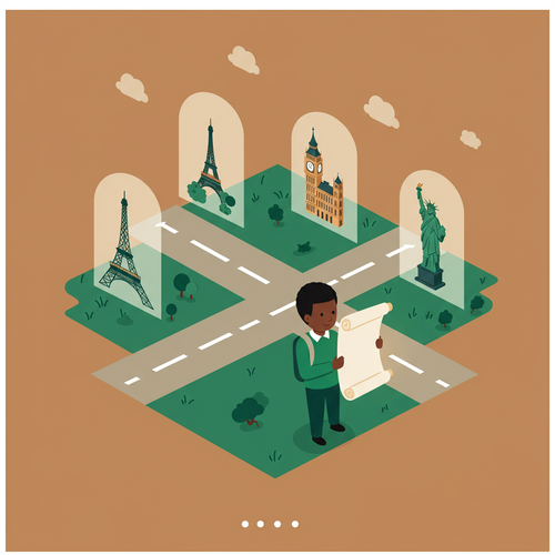 A flat design illustration of a Nigerian student at a crossroads, contemplating international scholarships for Nigerian students. The student holds a scroll, and paths lead to global landmarks. The style is cartoonish with warm earth tones and soft blues.