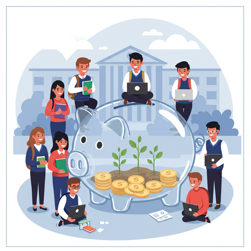A flat design illustration showing diverse university students around a transparent piggy bank with growing saplings, representing investing for university students with small amounts of money.
