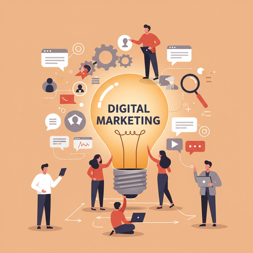 A flat design illustration in cartoon style showing diverse individuals learning from free digital marketing courses. They are interacting with digital elements like SEO, content marketing, and social media, around a bright, stylized lightbulb representing digital marketing knowledge. The image emphasizes accessible learning and high-income skills.