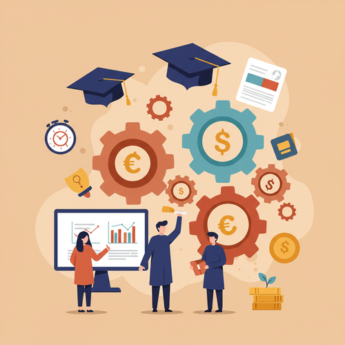 Flat design illustration of finance and technology gears interlocked, surrounded by floating graduation caps and academic scrolls. The image depicts the concept of FinTech University Programs, with a friendly cartoon style and warm, muted colors.