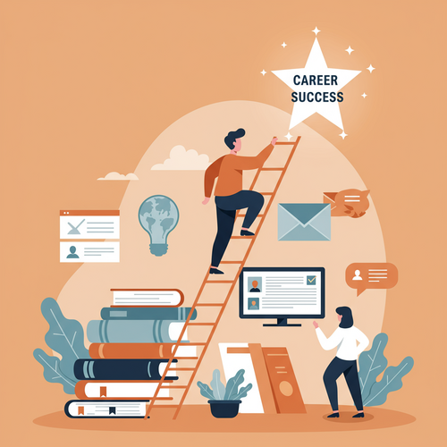 A flat design illustration of a cheerful person climbing a ladder composed of books and tech icons, symbolizing professional growth through Free Ivy League Courses for Tech Career Advancement. The background is simple and uses a limited, warm color palette.