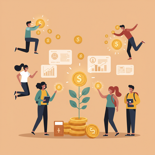 Flat design illustration of diverse college students smiling around a large digital coin and several small money trees, representing high-yield savings accounts for college students in 2026. The scene uses warm earth tones and soft blues with clean lines and minimal shading.
