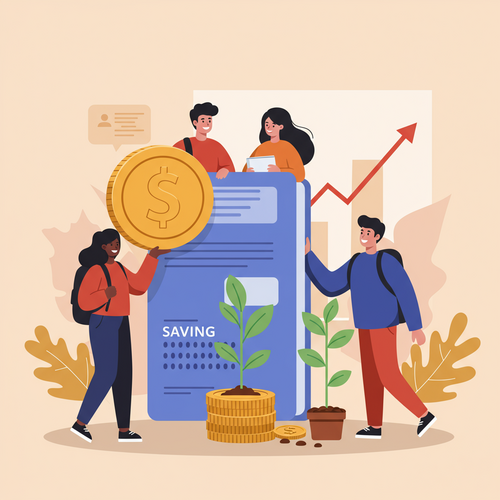 Flat design illustration of students managing finances, with a focus on a student happily saving money, alongside symbols of growth and compound interest, representing high-yield savings accounts for students.