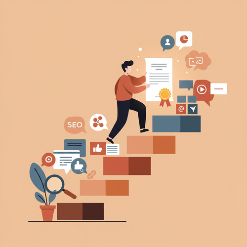 A flat design illustration of a person climbing a staircase of digital marketing and SEO symbols, holding a certification, representing career growth through free digital marketing and SEO certifications.