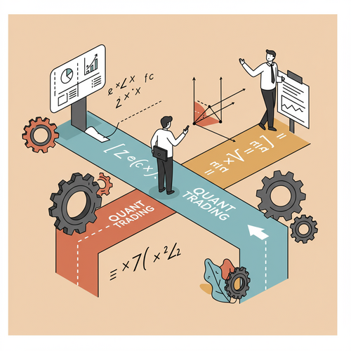 A flat design illustration in cartoon style showing a person choosing a path in quantitative finance, surrounded by gears and mathematical symbols, representing the best Master's in Finance for Quant Trading.