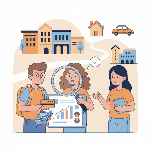 Flat design illustration of diverse students building credit. One student holds a magnifying glass over a credit report with rising graphs, while another uses a credit card responsibly. This represents building credit as a student.