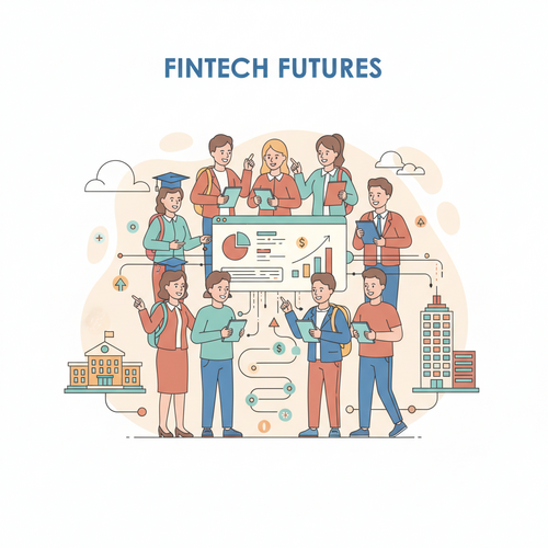 A flat design illustration showing diverse students and professionals learning about and working in FinTech, with digital charts, code, and financial symbols, representing various careers in FinTech.