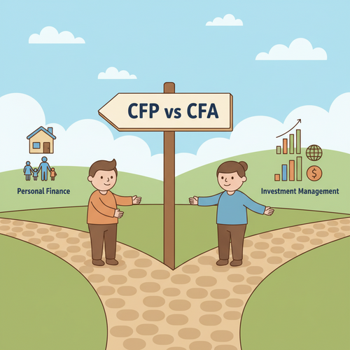 An illustration in flat design of two cartoon figures at a crossroads, with one path leading to "Personal Finance" (representing CFP) and the other to "Investment Management" (representing CFA). A sign in the middle clarifies "CFP vs CFA".