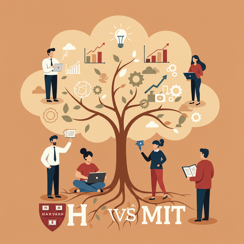 A flat design illustration showing diverse professionals learning from a stylized "H" and "M" tree, representing free Harvard MIT business management courses, with business growth symbols.