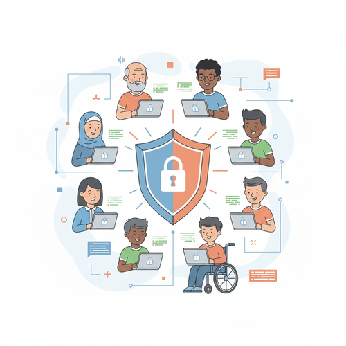 Illustration of diverse people learning about cybersecurity. They are surrounding a digital shield, holding laptops and tablets. The image uses flat design, cartoon style, and warm earth tones, representing Free Online Cybersecurity Courses with Certificates.