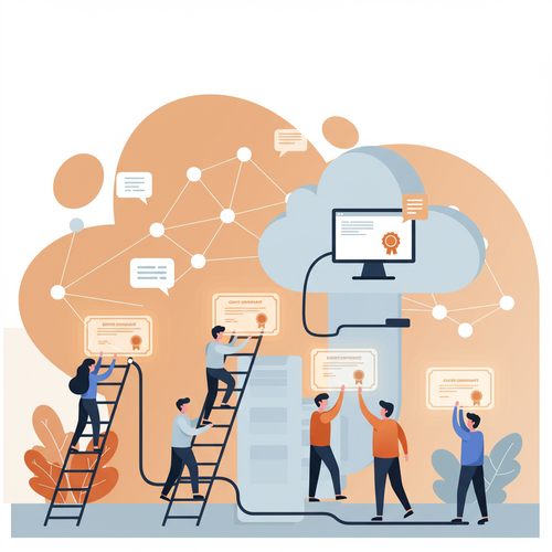 Flat design illustration showing diverse individuals with free certifications climbing a tech career ladder towards a remote job in the cloud, symbolizing professional growth and accessibility.