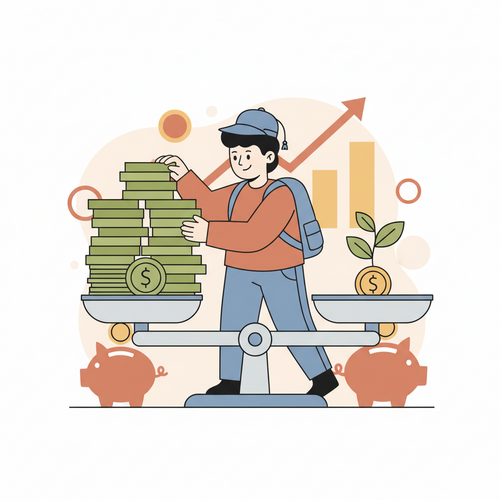 Flat design illustration of a thoughtful student balancing a student loan refund (stack of money) against investments (growing plant) on a scale. The image illustrates how to invest student loan refund wisely, showing financial planning and growth.