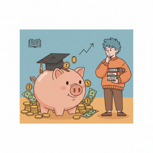 Flat design illustration of a student with books looking thoughtfully at a piggy bank wearing a graduation cap, overflowing with money. The image represents how to use a High-Yield Savings Account in university, highlighting student finance and savings. The style is cartoonish with clean lines and a limited color palette.