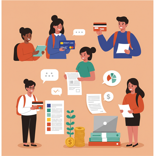 Flat design illustration of university students managing their finances. Some students are holding credit cards, others are looking at a budget spreadsheet and student loan papers. The image conceptually shows how university students build credit and manage debt, featuring a limited color palette of warm earth tones, soft blues, and muted oranges.