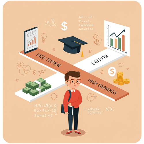 A thoughtful student in flat design illustration style, wearing glasses and holding a graduation cap, stands at a crossroads. One path represents high tuition costs with a pile of money, and the other represents high earnings with a rising stock graph. This visually questions the Quantitative Finance Master's Worth.