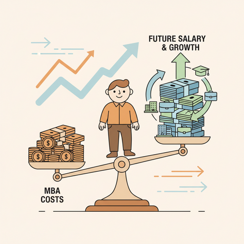 Flat design illustration of a person balancing the high cost of an MBA in Finance against the potential for significantly higher graduate salaries, illustrating if an MBA in Finance is worth it.