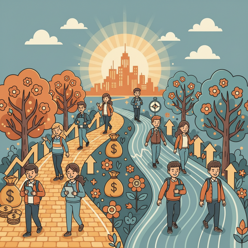 Flat design illustration of diverse international students walking on two distinct paths, one representing Ivy League and the other Public Ivies. The paths show different financial investments and lead to a bright future, conceptually comparing Ivy League vs Public Ivies for International Students.