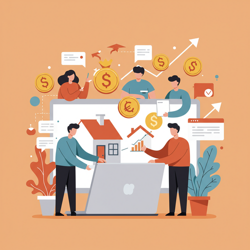 Flat design illustration of diverse people learning about real estate investing from a laptop, surrounded by houses and money symbols. It represents free online real estate investing courses for beginners.