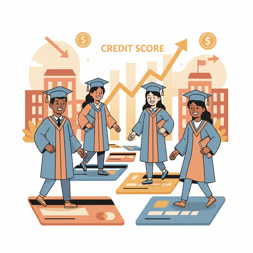 A flat design illustration of diverse university students confidently walking on a path made of credit cards, heading towards a rising credit score graph. This visual metaphor represents the best credit cards for students to build credit score, emphasizing financial growth and future success.
