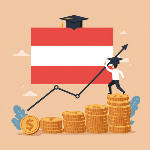 Flat design illustration of a graduate climbing a bar graph made of coins, with the Austrian flag in the background. This represents the financial return on investment (ROI) of an Austrian business degree.