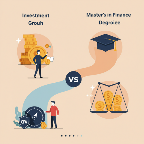 Flat design illustration comparing the CFA Charter and a Master's in Finance degree, showing two distinct career paths with symbols of finance and education, focusing on CFA vs Master's in Finance ROI.