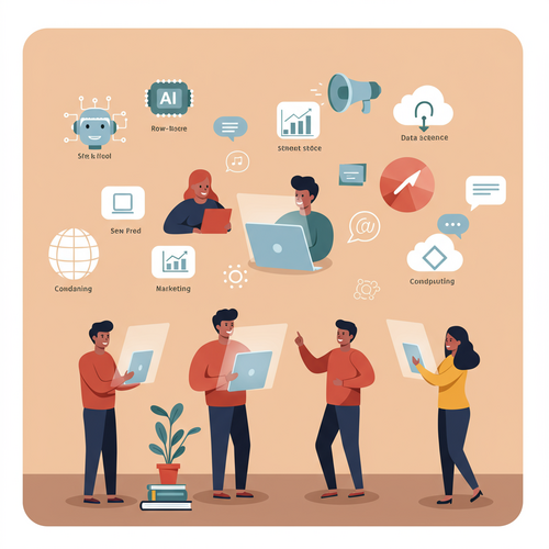 Flat design illustration of diverse people learning high-income skills. Characters interact with screens and books, surrounded by icons for AI, data science, and digital marketing, reflecting free high-income skills courses.