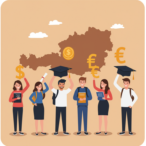 Flat design illustration of diverse international students celebrating graduation with Austrian landmarks in the background, symbolizing high ROI degrees from Austrian universities.