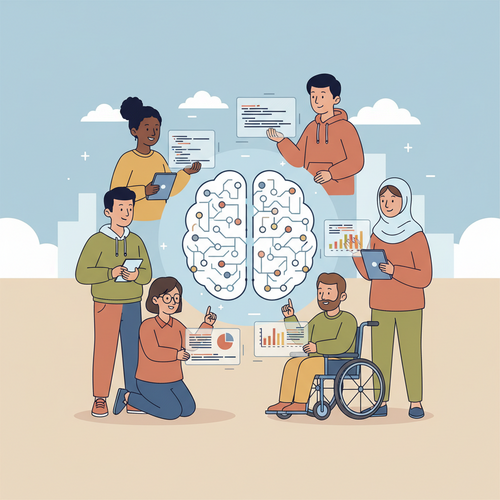 A flat design illustration showing diverse professionals collaborating on a glowing, abstract brain icon made of digital connections, symbolizing learning and career growth through Free AI and Machine Learning Certifications.