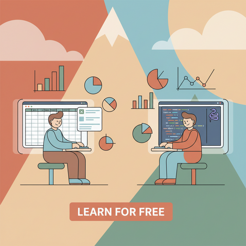Two cartoon characters, one using a spreadsheet and another coding, surrounded by data visualizations and charts. This flat design illustration represents learning free data analysis courses using Excel and Python, showing the synergy of both tools.