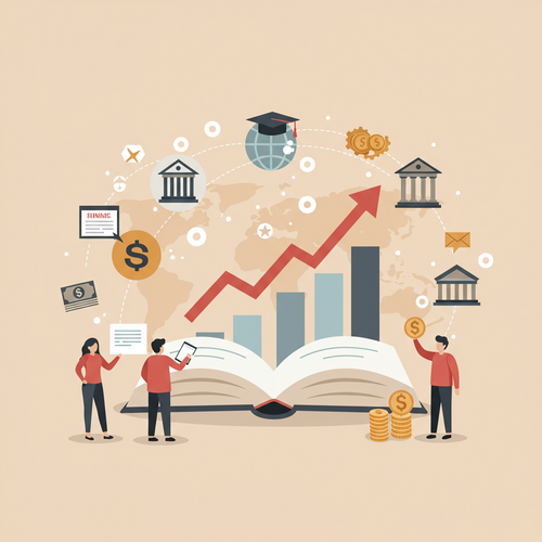 Flat design illustration of an open book transforming into an upward-trending financial graph, surrounded by university buildings and finance symbols. This visually represents top private equity programs and career growth.