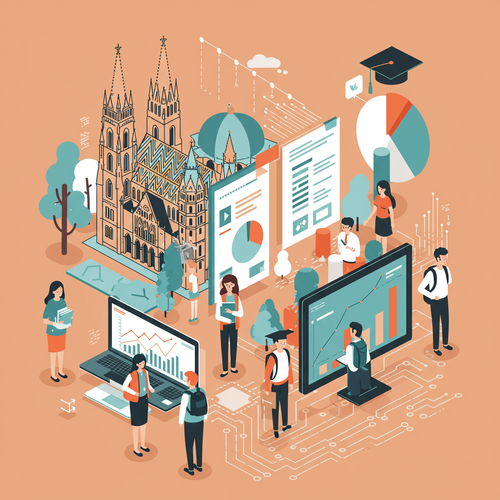 Flat design illustration of diverse international students, a mix of male and female, holding academic materials, set against a background where Viennese landmarks subtly blend with abstract business charts and tech circuits. The image emphasizes high-quality business and tech education at Top Vienna Universities for International Students.