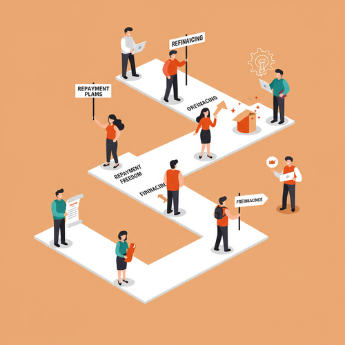Flat design illustration of diverse people managing student loans and refinancing. They are on a winding path with signs for repayment and refinancing options, symbolizing their journey towards financial freedom.