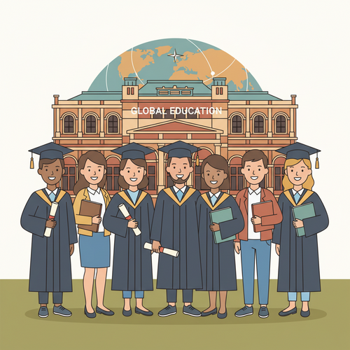 A group of smiling, diverse international students, depicted in a flat design cartoon style, stand in front of a famous Austrian landmark while holding books and graduation caps. The image conceptually represents the benefits of studying in Austria for an English Master's degree, emphasizing global education and cultural experience.