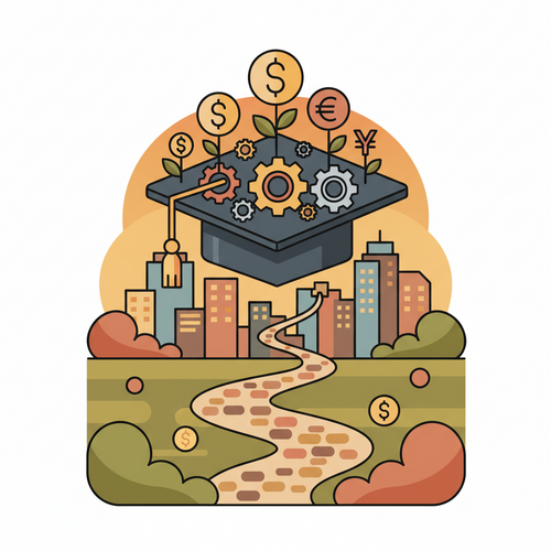 Illustration of a graduation cap with gears, money, and a city skyline representing the Best Engineering Schools in California and promising job prospects and salaries.