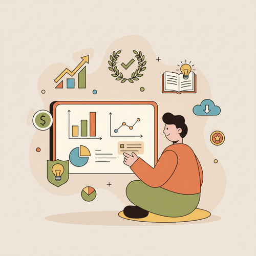 An illustration of a person learning about data analytics, with various data visualizations and a certification badge, highlighting the journey through free data analytics courses with certification.