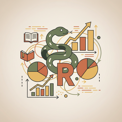 Illustration of data streams and programming symbols representing free data science courses with Python and R.