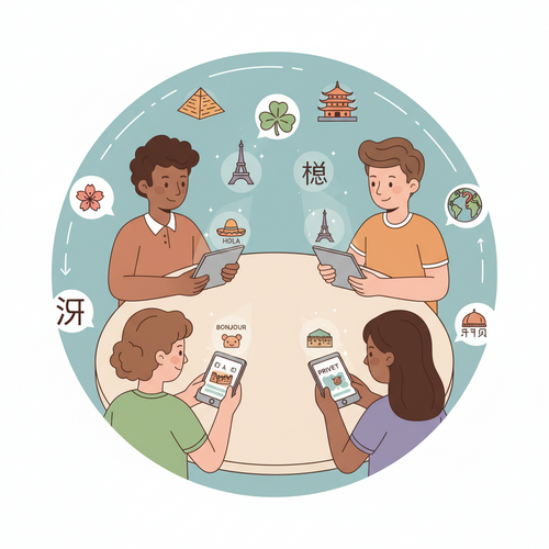 A group of diverse students actively engaged in learning languages on their devices, featuring the best free online language courses for study abroad. The illustration is in a flat, friendly cartoon style with warm colors, symbolizing global communication and preparation for international study.