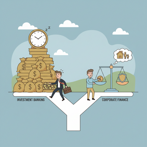 Two cartoon characters standing at a crossroads. One path leads to a tall pile of money bags with a clock indicating long hours, symbolizing Investment Banking. The other path leads to a balanced scale and a character with more leisure, representing Corporate Finance. This illustrates the Corporate Finance vs Investment Banking Salary comparison and career choices in finance.