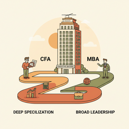 Two professional paths, CFA and MBA, symbolized by different icons leading to a high-rise office, representing the journey to high CFA vs MBA executive salaries.