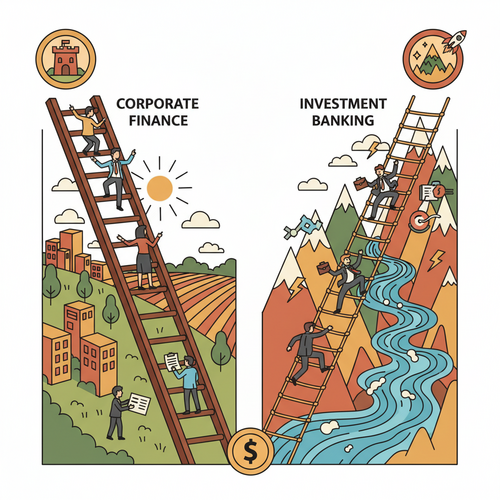 Illustration comparing the career paths and salary differences between Corporate Finance and Investment Banking professionals.