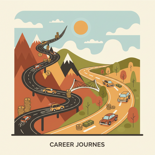 Illustration comparing Corporate Finance vs. Investment Banking salary with two distinct roads, one steep and high-paying, the other stable and comfortable, representing different career paths.